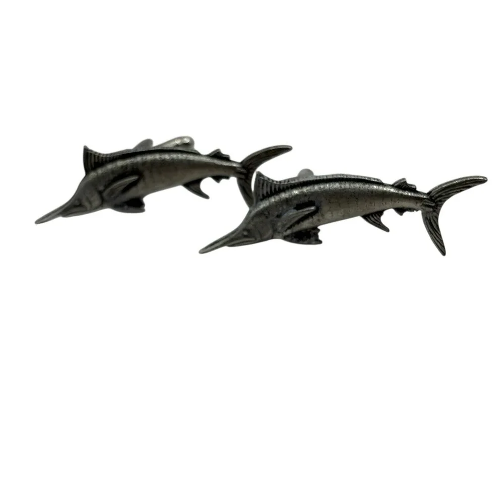 Swordfish Cufflinks Mid Century Silver‎ Tone Marlin Fish Ocean VTG Fishing READ